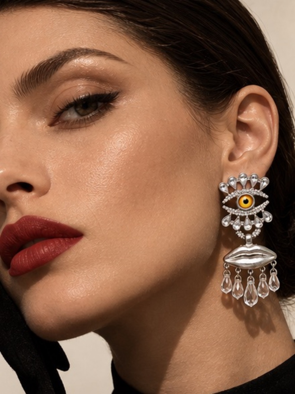 Surreal Eye Motif Crystal Earrings with Sculptural Lips
